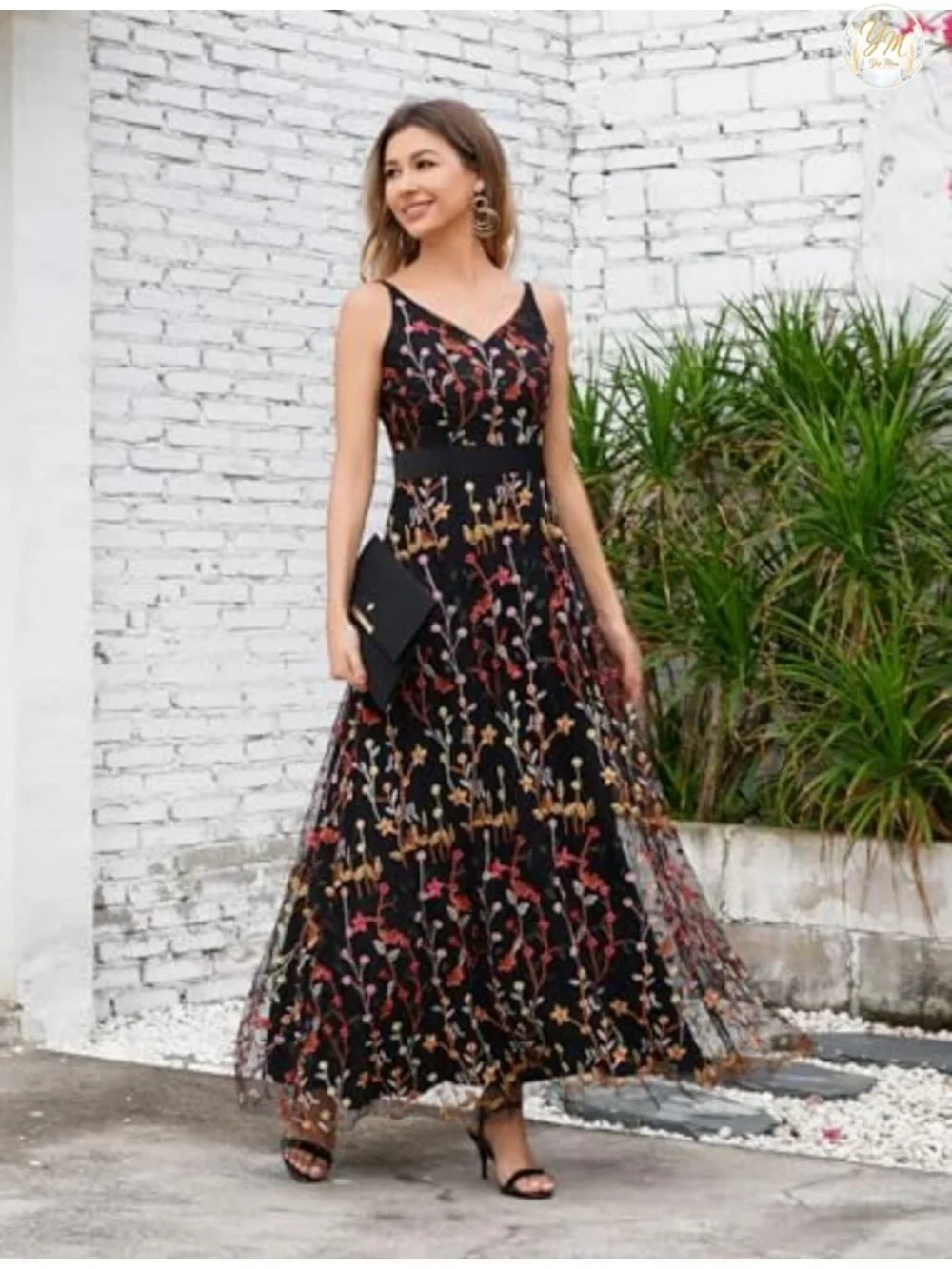 Women's Floral Embroidered Tulle Maxi Dress Sleeveless V-Neck Formal Party